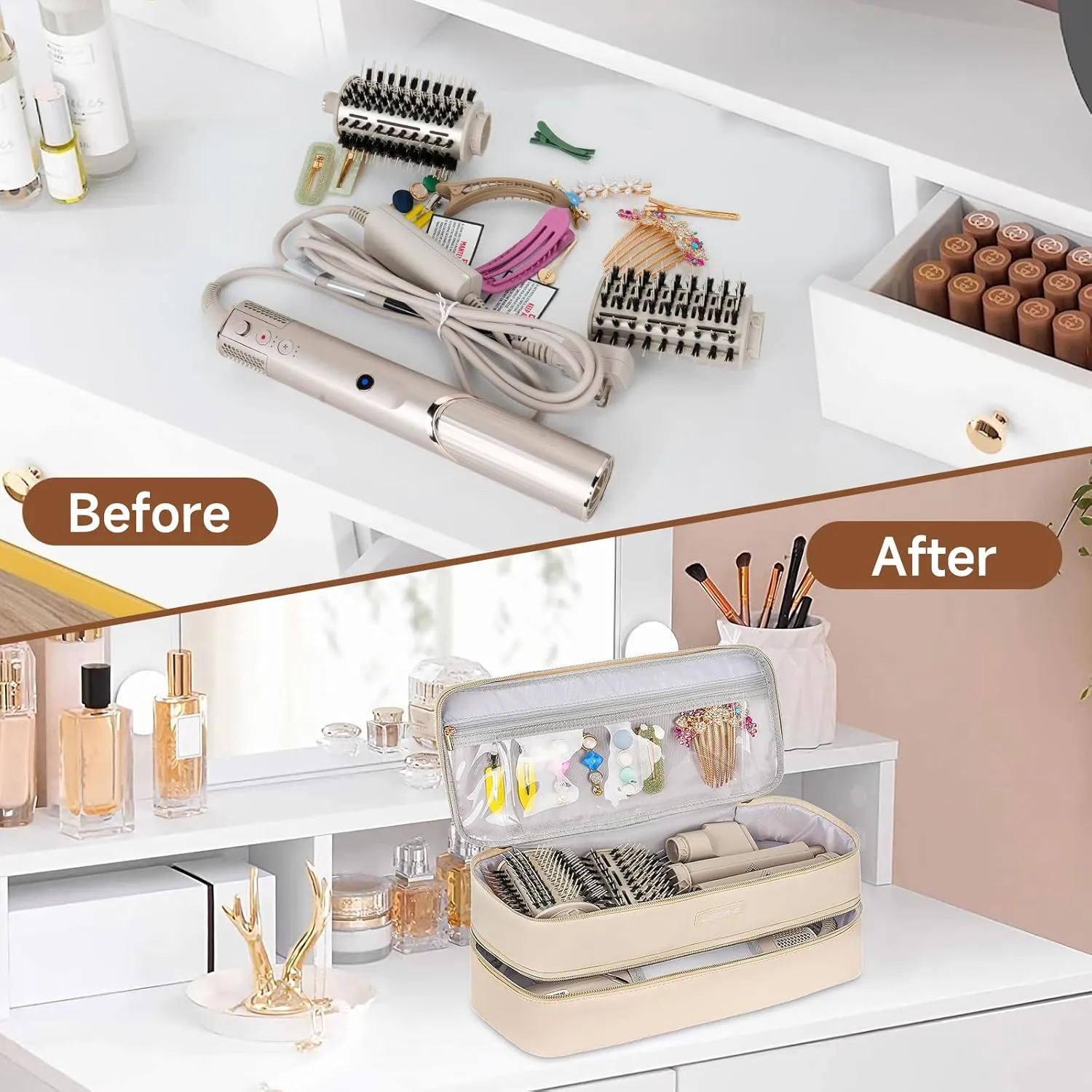 Travel Carrying Case Compatible with Shark Flexstyle Styler/Hair Dryer,Double-Layer Hair Hot Tools Storage Bag Compatible with Airwrap Styler/Supersonic Hair Dryer and Attachments,Apricot(Bag Only)