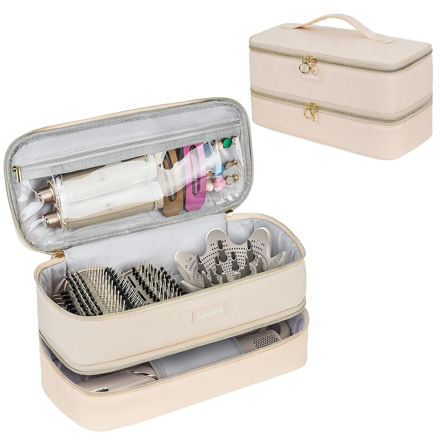 Travel Carrying Case Compatible with Shark Flexstyle Styler/Hair Dryer,Double-Layer Hair Hot Tools Storage Bag Compatible with Airwrap Styler/Supersonic Hair Dryer and Attachments,Apricot(Bag Only)