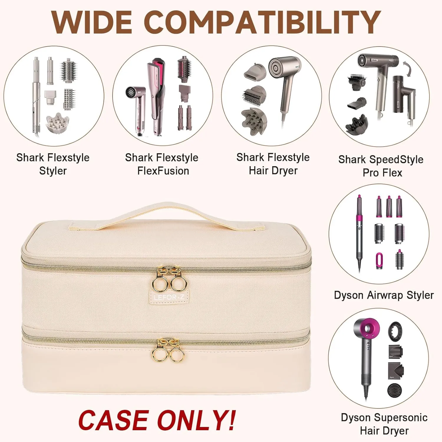 Travel Carrying Case Compatible with Shark Flexstyle Styler/Hair Dryer,Double-Layer Hair Hot Tools Storage Bag Compatible with Airwrap Styler/Supersonic Hair Dryer and Attachments,Apricot(Bag Only)