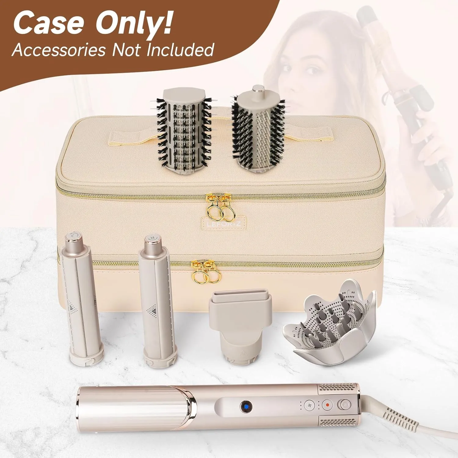 Travel Carrying Case Compatible with Shark Flexstyle Styler/Hair Dryer,Double-Layer Hair Hot Tools Storage Bag Compatible with Airwrap Styler/Supersonic Hair Dryer and Attachments,Apricot(Bag Only)