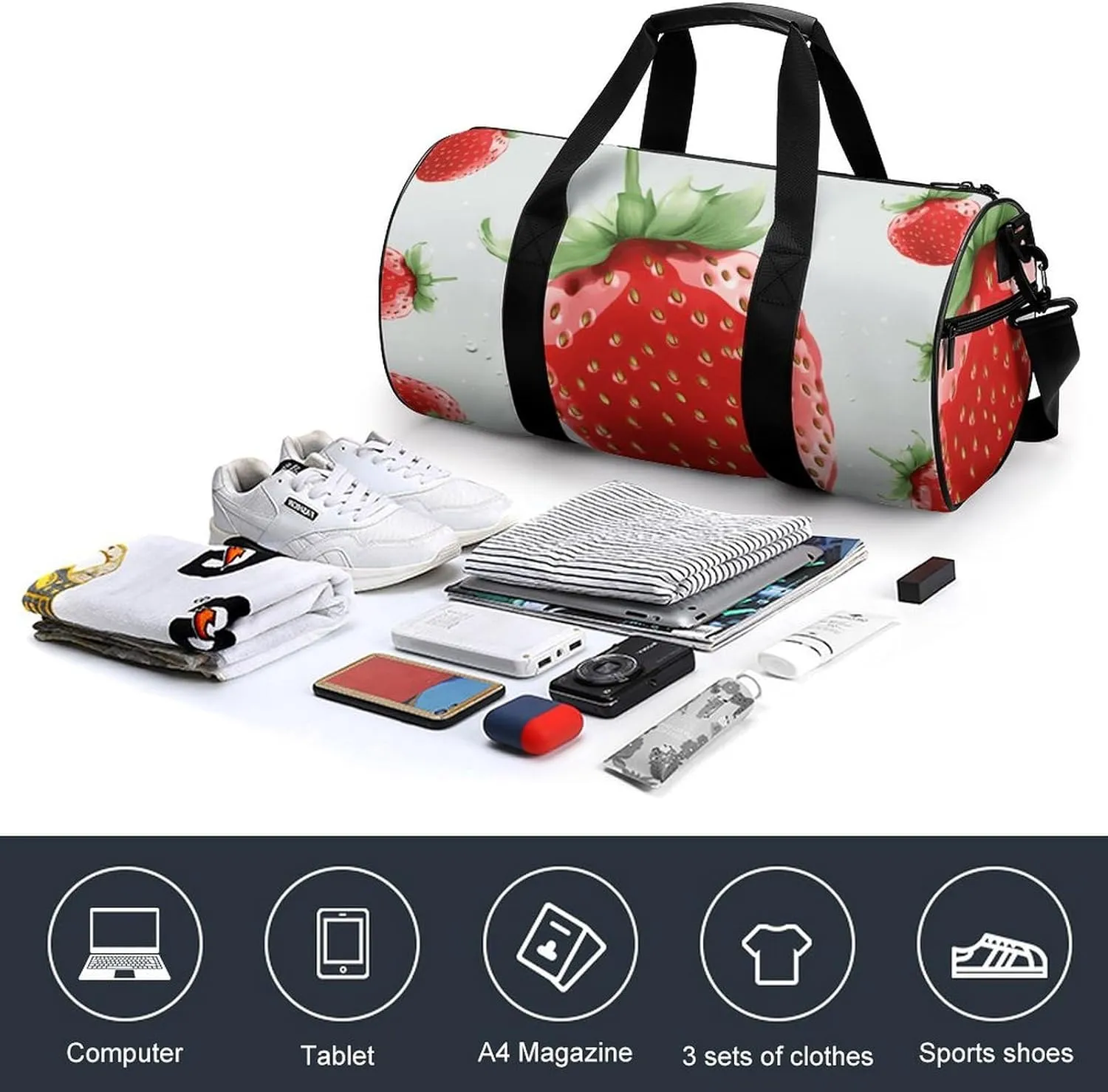 Travel Duffel Bag for Men And Women,Lovely Strawberry Waterproof Sports Fitness Bag Portable Travel Duffel Bag