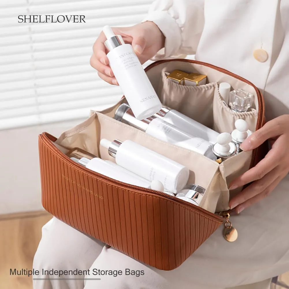 Travel Toiletry Bag Makeup Bag, Water-Resistent Cosmetic Bags for Women, Portable Pouch Open Flat Make Up Organizer Case, Cosmetic Bags, Brown Striped