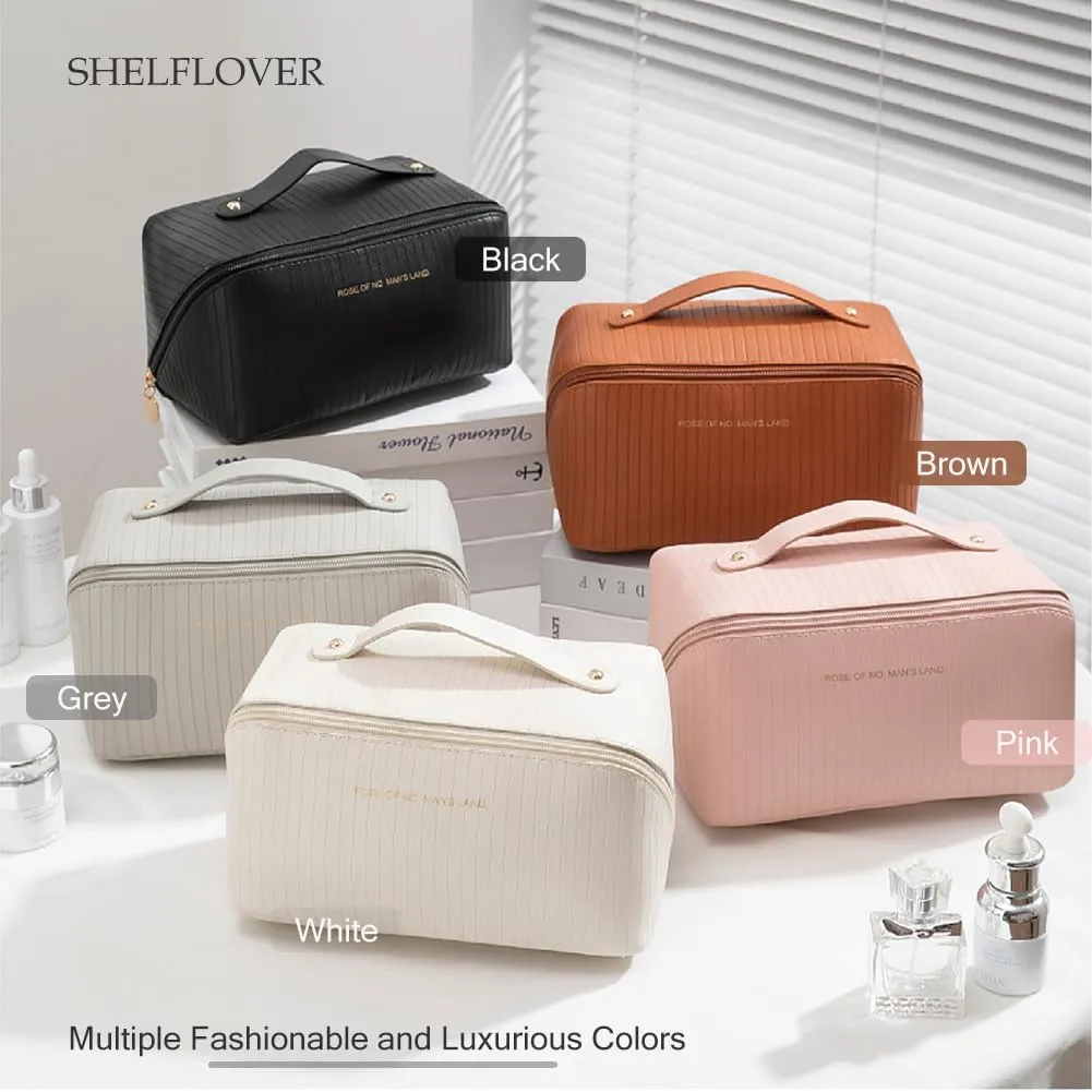 Travel Toiletry Bag Makeup Bag, Water-Resistent Cosmetic Bags for Women, Portable Pouch Open Flat Make Up Organizer Case, Cosmetic Bags, Brown Striped