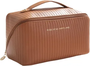 Travel Toiletry Bag Makeup Bag, Water-Resistent Cosmetic Bags for Women, Portable Pouch Open Flat Make Up Organizer Case, Cosmetic Bags, Brown Striped