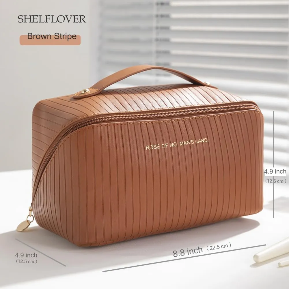 Travel Toiletry Bag Makeup Bag, Water-Resistent Cosmetic Bags for Women, Portable Pouch Open Flat Make Up Organizer Case, Cosmetic Bags, Brown Striped