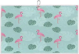 Tropical Leaf Flamingos Golf Towel with Heavy Duty Carabiner Ultra Absorbent Quick Dry Perfect for Cleaning Clubs Balls Gear Essential Golf Accessory for Men Women Kids