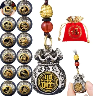 Twelve Zodiac God of Wealth Bag, 12pcs Double-Sided Twelve Zodiac God of Wealth Bag, Daily Prosperity and Fortune-Filled Money Bag Pendant, Rotatable Lucky Bag Pendant