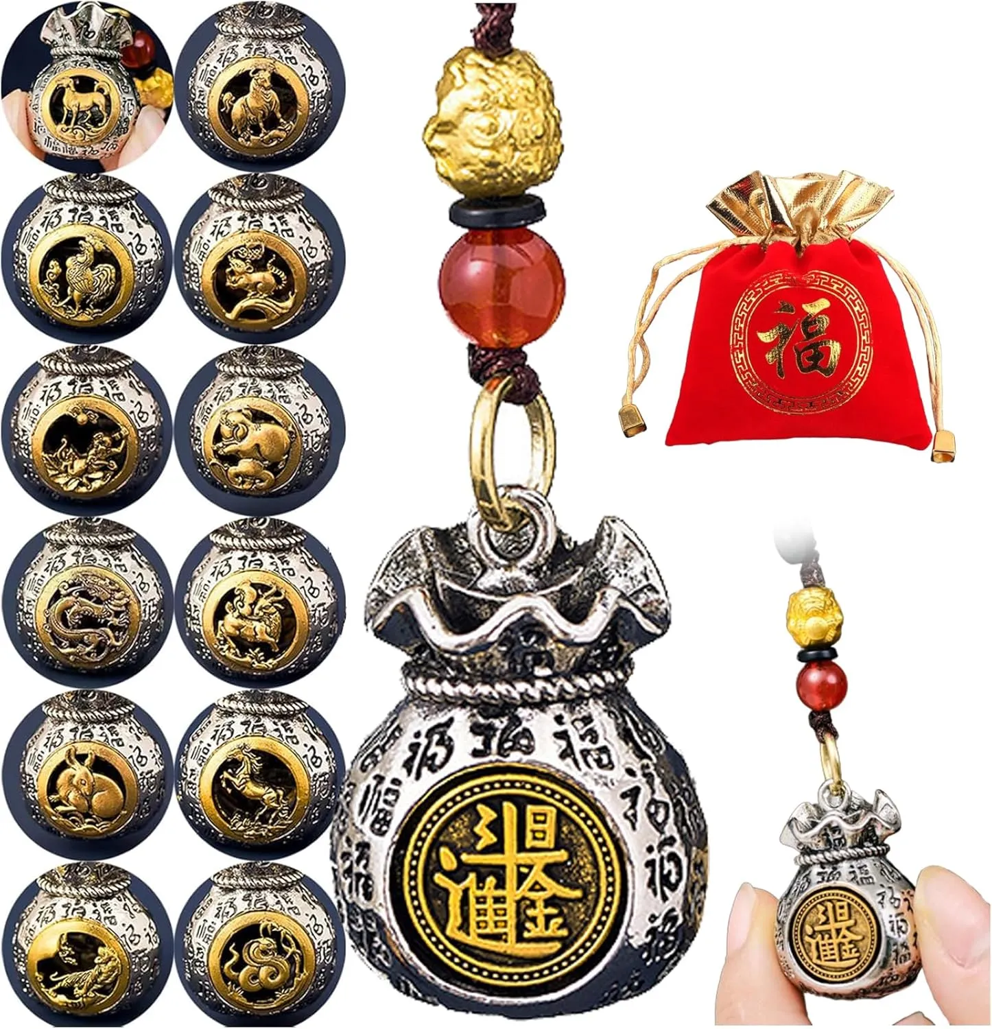 Twelve Zodiac God of Wealth Bag, 12pcs Double-Sided Twelve Zodiac God of Wealth Bag, Daily Prosperity and Fortune-Filled Money Bag Pendant, Rotatable Lucky Bag Pendant