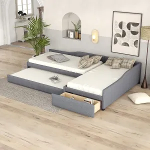 Twin Size Upholstered Double Daybed with Trundle and Drawer, Gray, Space-Saving Furniture for Small Spaces