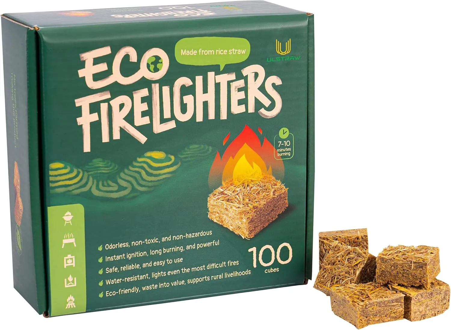 ULSTRAW-Eco Fire Starter for Indoor/Outdoor Fires, Fireplace, Grill - 100 Cubes