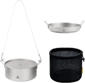 Ultralight Titanium Large 2-Piece Pot & Pan Camping Cookware Set, Lightweight Titanium Camping Pot Mug with Hanger/Retractable Handles and Mesh Drawstring Bag
