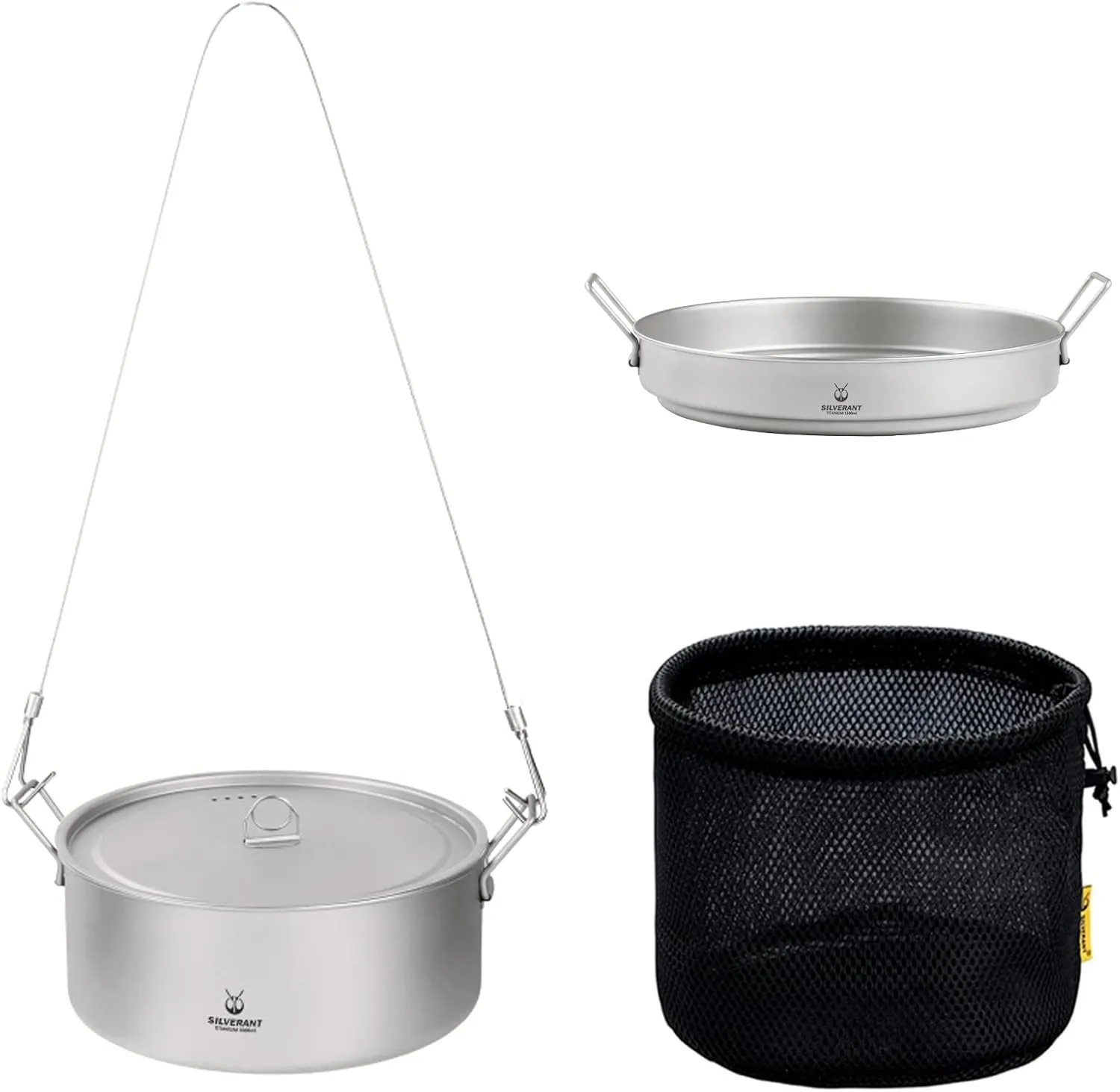 Ultralight Titanium Large 2-Piece Pot & Pan Camping Cookware Set, Lightweight Titanium Camping Pot Mug with Hanger/Retractable Handles and Mesh Drawstring Bag