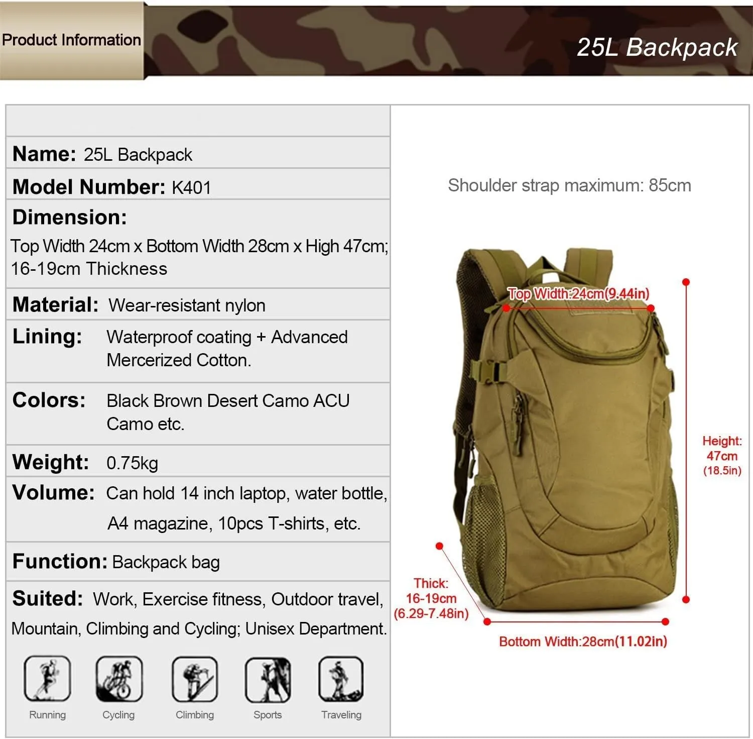 UNISTRENGH 25L Backpack Military Tactical Daypack Water-resistance Assault Gear Rucksack for Hunting Trekking Travelling (Coyote)