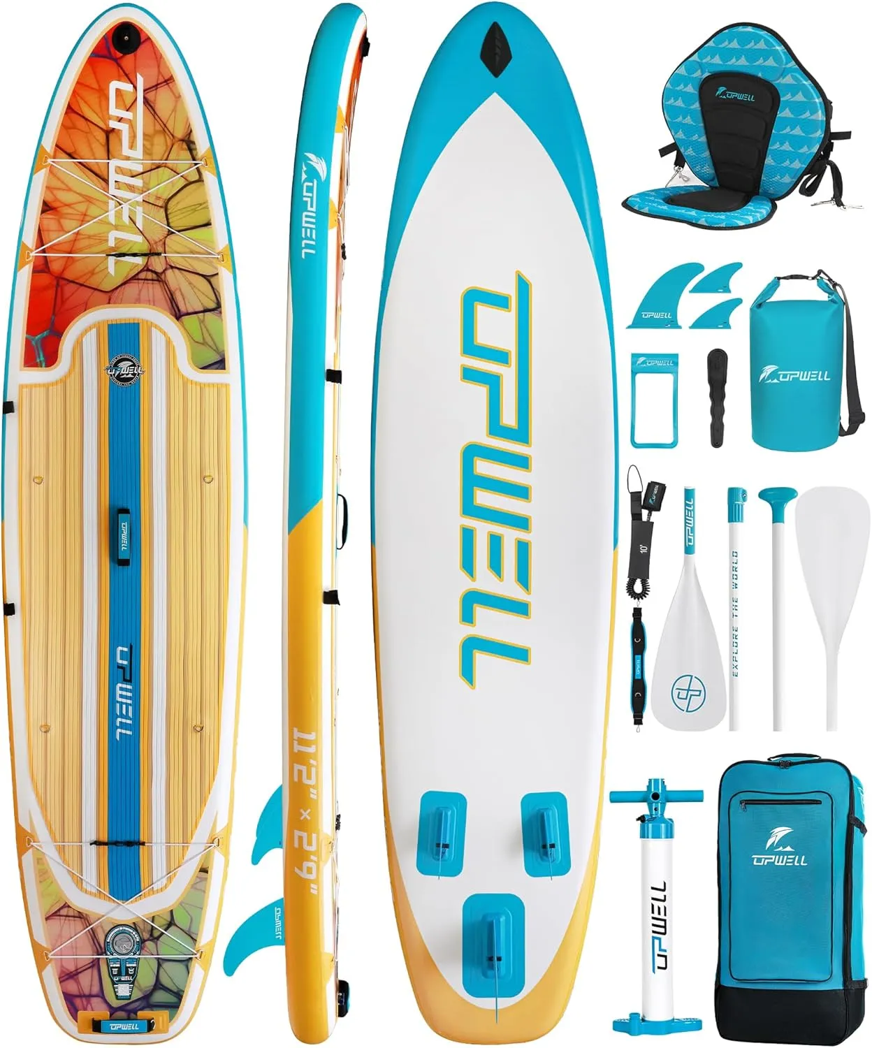 UPWELL 11'2"/11'6" Inflatable Paddle Board, Stand Up Paddle Board for Youth & Adults, Stable Design, Premium SUP Accessories, Backpack, 10L Dry Bag, Paddle, Leash, Hand Pump, Fins