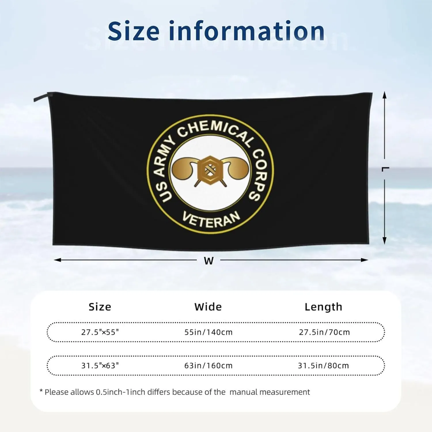 Us Army Chemical Corps Vetera Beach Towel & Bath Towel - Quick Dry, Extra Large, Lightweight, Sand Free - Highly Absorbent Microfiber Towels for Pool, Swimming, Gym, Travel