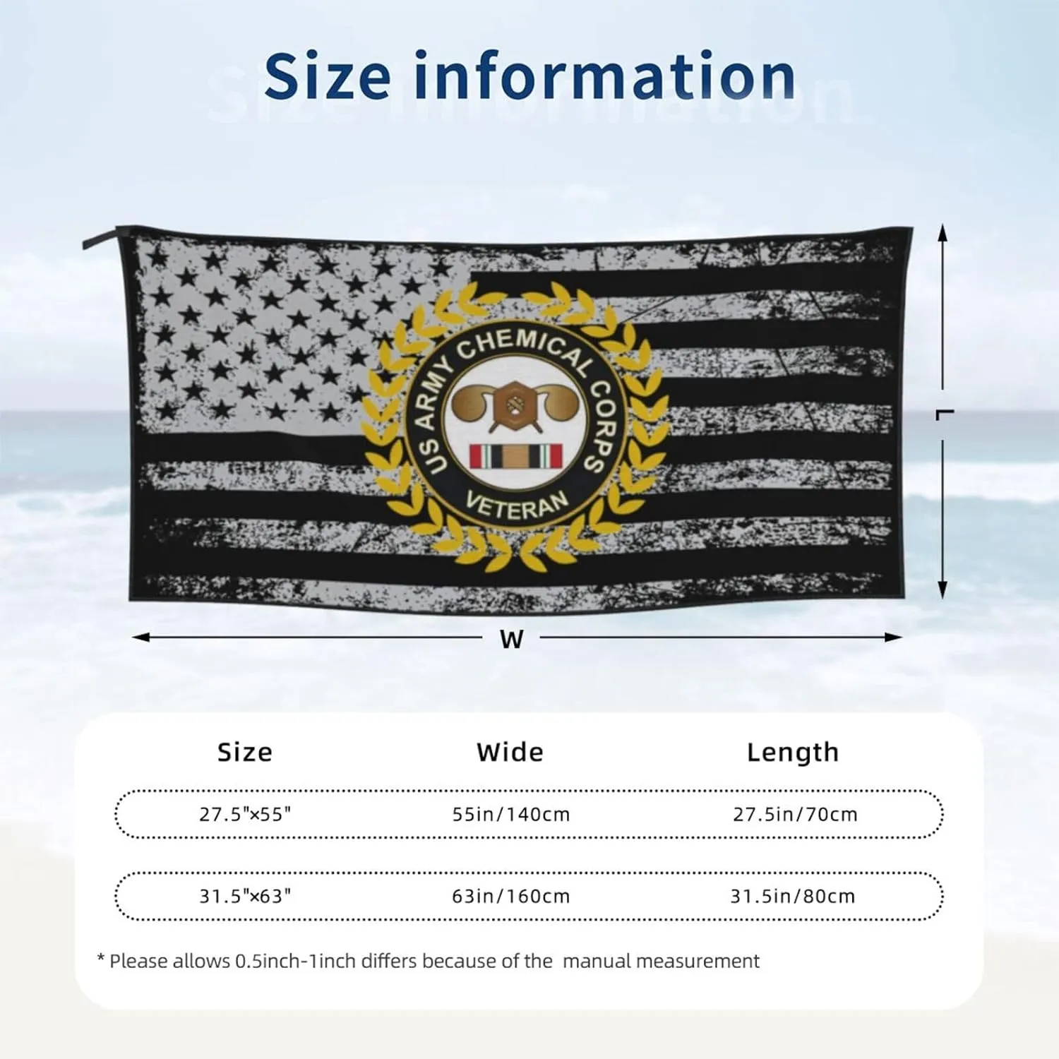 US Army Veteran Chemical Corps Beach Towel & Bath Towel - Quick Dry, Extra Large, Lightweight, Sand Free - Highly Absorbent Microfiber Towels for Pool, Swimming, Gym, Travel