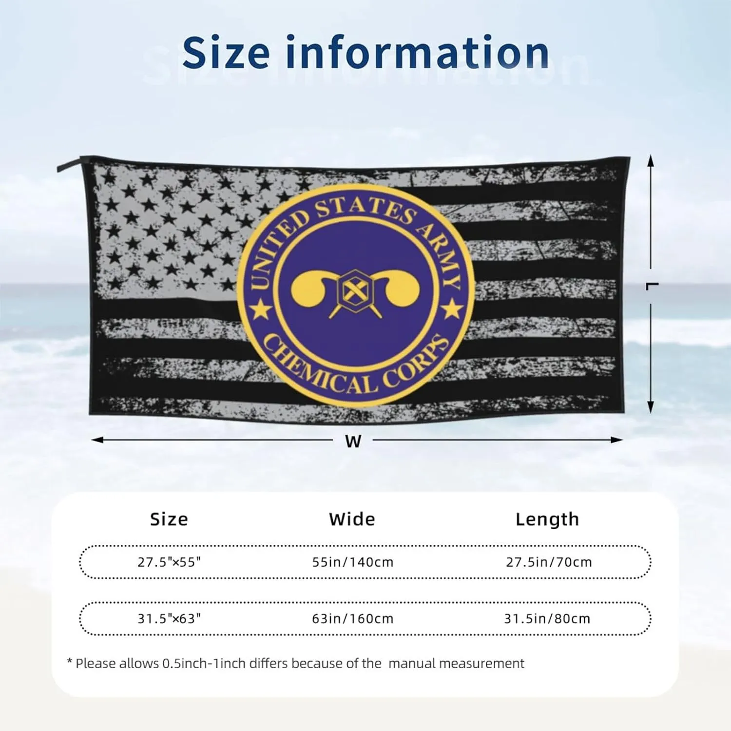 US Army Veteran Chemical Corps Beach Towel & Bath Towel - Quick Dry, Extra Large, Lightweight, Sand Free - Highly Absorbent Microfiber Towels for Pool, Swimming, Gym, Travel