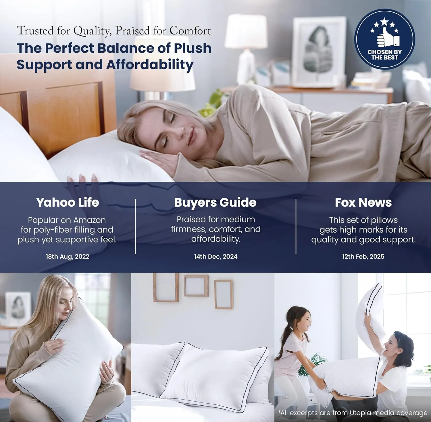Utopia Bedding Bed Pillows for Sleeping Queen Size (Navy/White), Set of 2, Cooling Hotel Quality, Gusseted Pillow for Back, Stomach or Side Sleepers