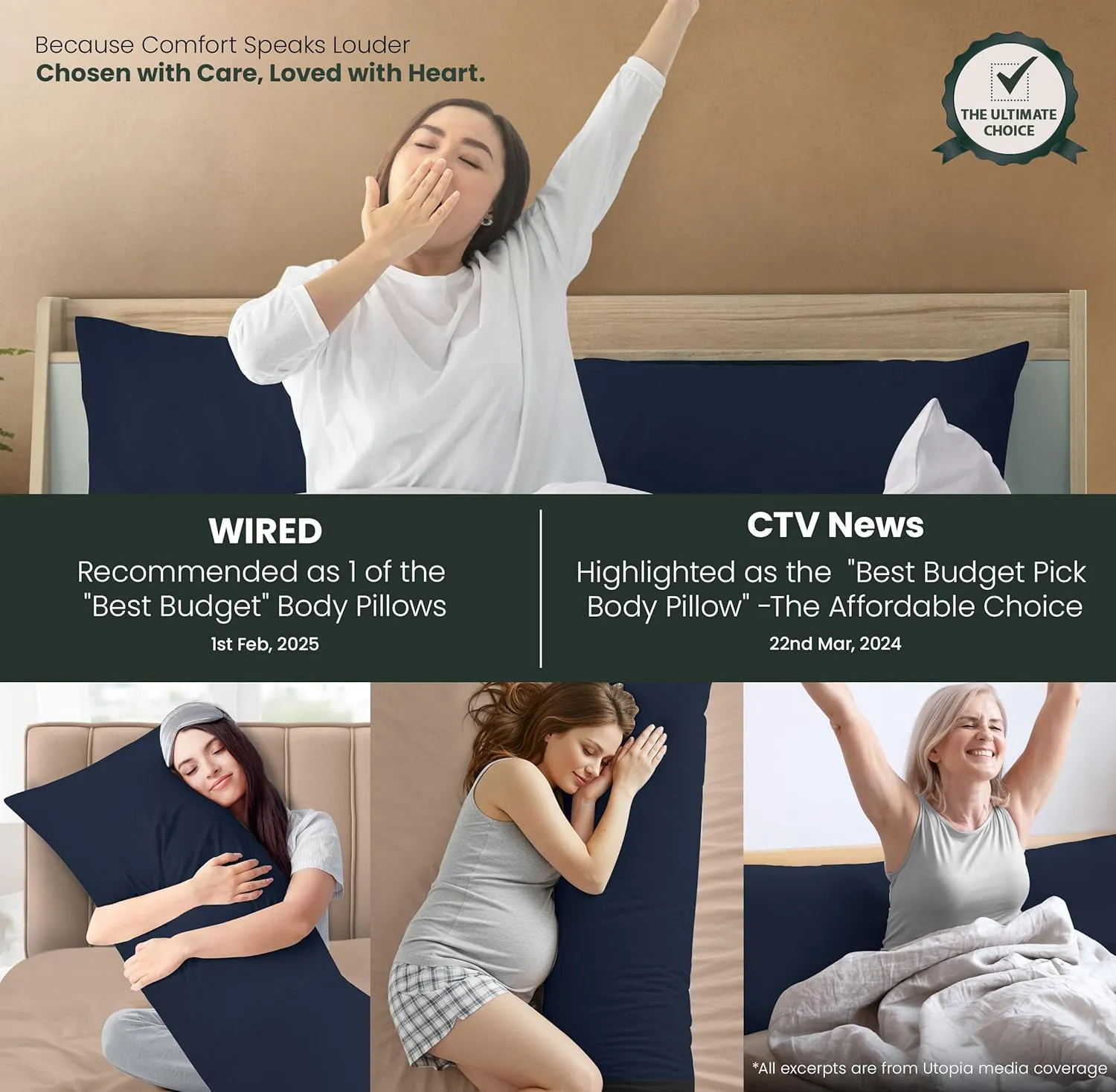 Utopia Bedding Full Body Pillow for Adults (Navy, 20 x 54 Inch), Long Pillow Insert for Sleeping, Ideal for Side Sleepers