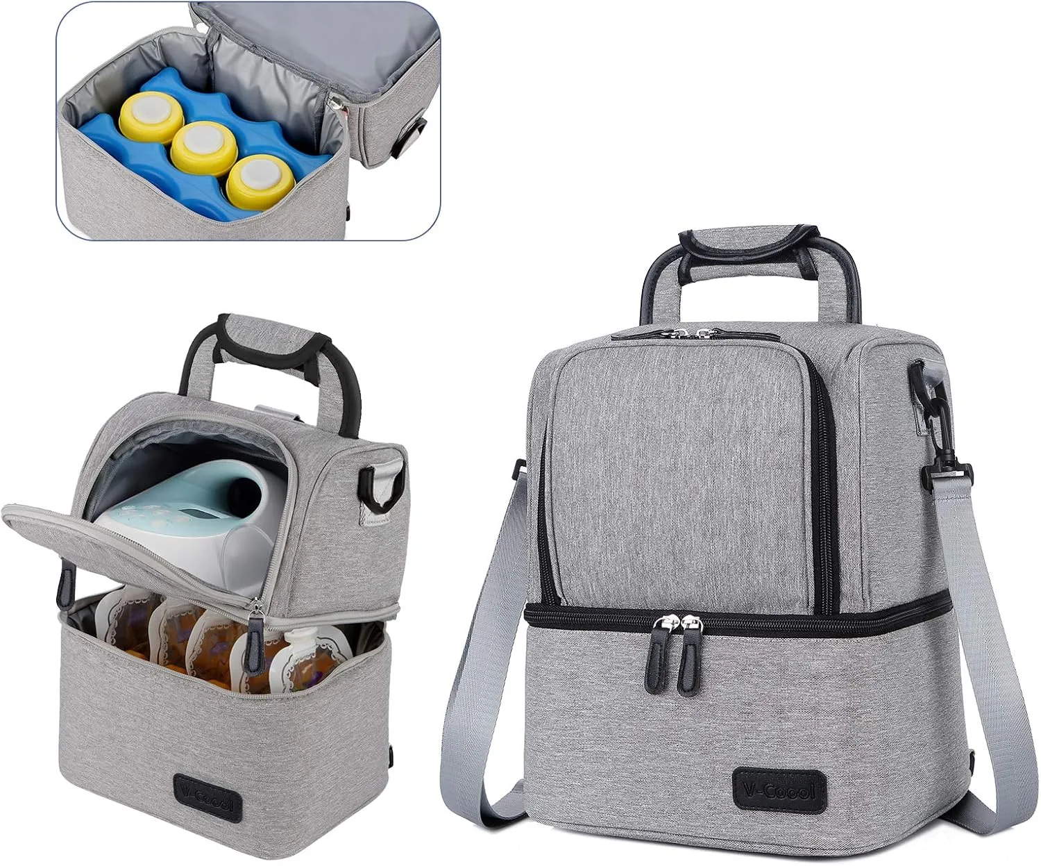 V-COOOL Breast Pump Backpack, Cooler Bag and Moistureproof Lunch Bag Double Layer for Work Moms(Gray)