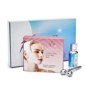 V Line Lifting Mask for Women, Double Chin Strap w/Hyaluronic Acid Serum & 3D Face Roller for Tightening and Firming | Comfortable, Adjustable, and Pressure-Free (Pink, M-L)