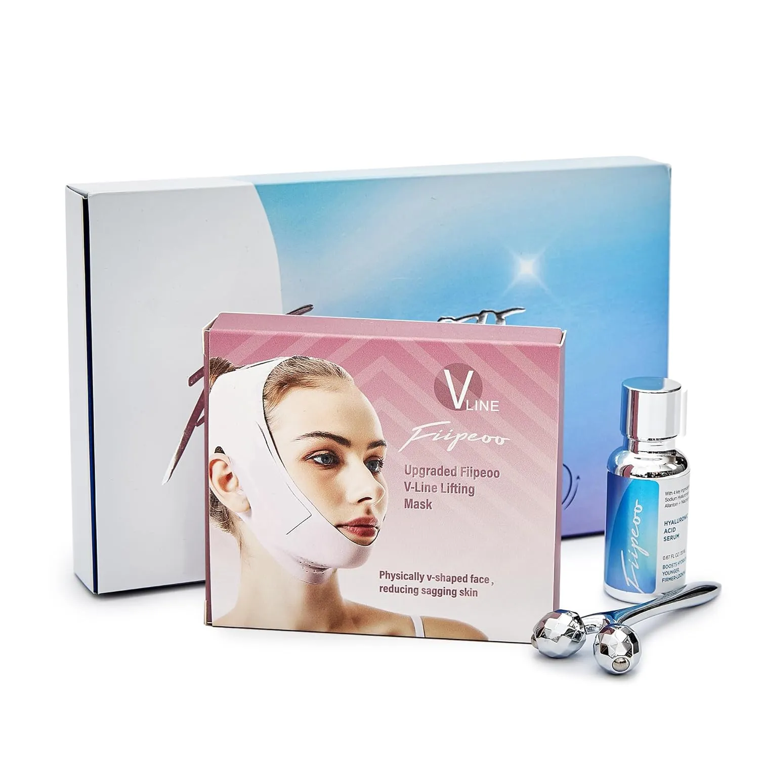 V Line Lifting Mask for Women, Double Chin Strap w/Hyaluronic Acid Serum & 3D Face Roller for Tightening and Firming | Comfortable, Adjustable, and Pressure-Free (Pink, M-L)