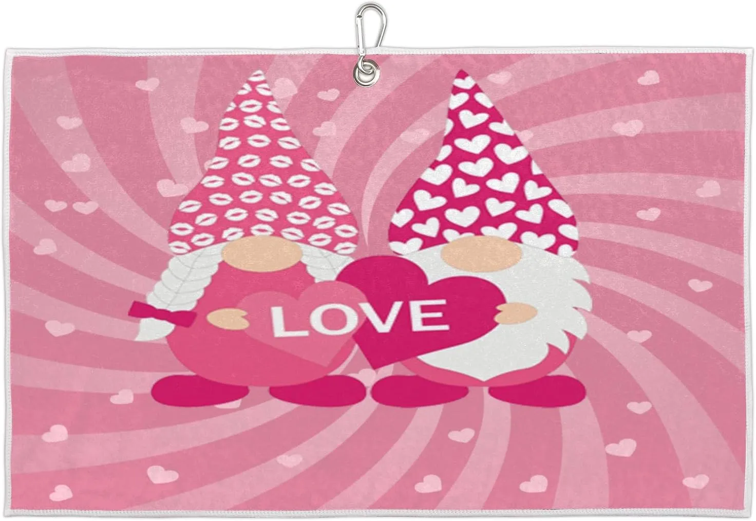 Valentine's Day Lovers Gnomes Golf Towel with Heavy Duty Carabiner Ultra Absorbent Quick Dry Perfect for Cleaning Clubs Balls Gear Essential Golf Accessory for Men Women Kids
