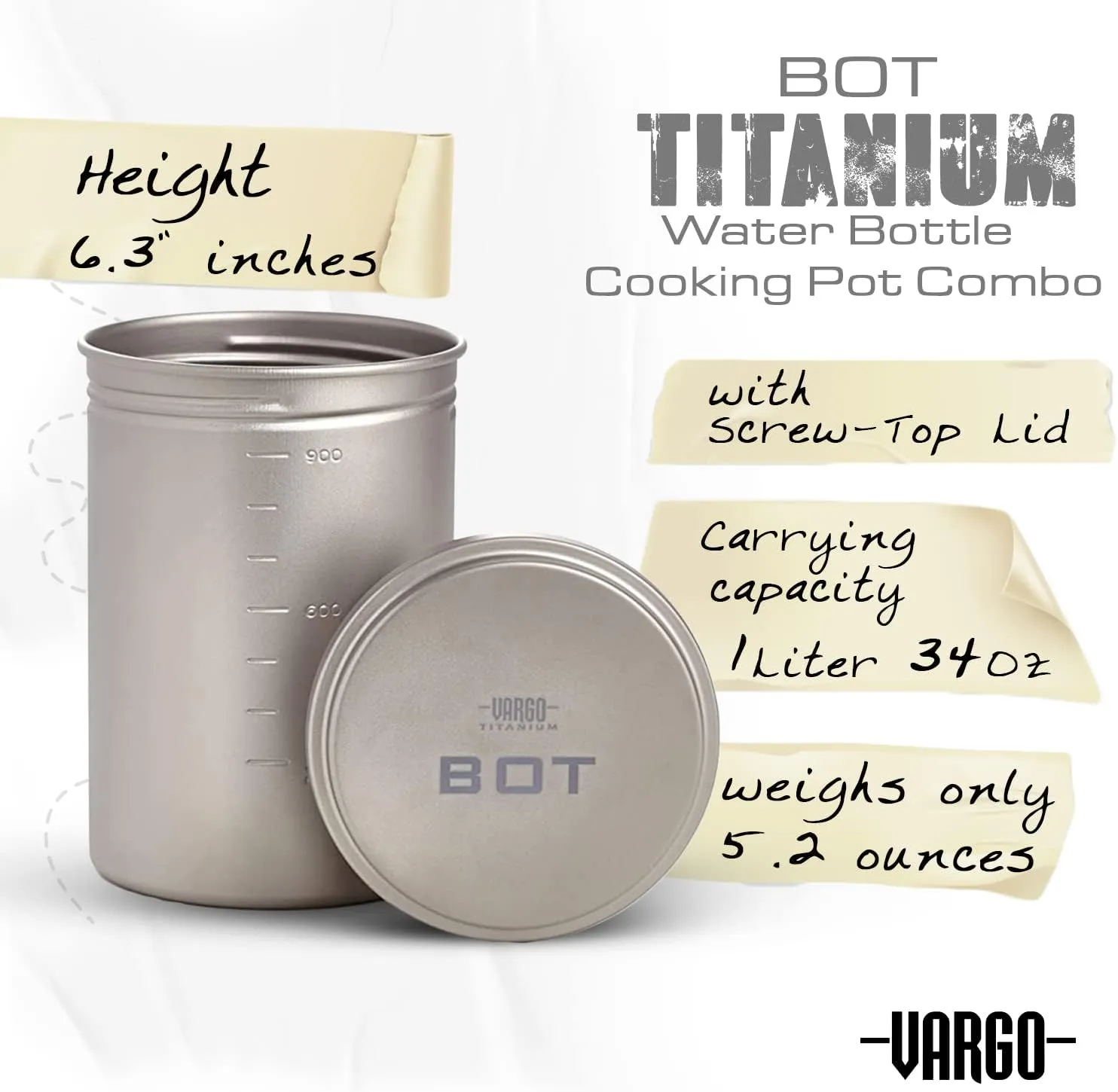 Vargo Titanium BOT Series | 1 Liter (34 oz.) Ultralight Water Bottle Cooking Pot Weighs 147 grams (5.2 oz.) | Backpacking Camping Multipurpose