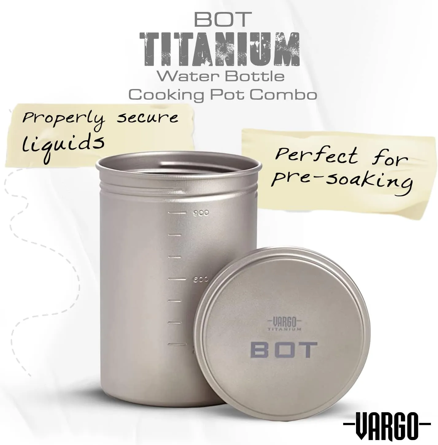 Vargo Titanium BOT Series | 1 Liter (34 oz.) Ultralight Water Bottle Cooking Pot Weighs 147 grams (5.2 oz.) | Backpacking Camping Multipurpose