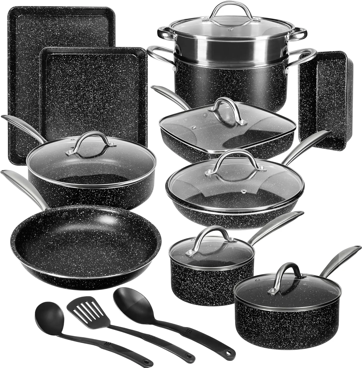 VECELO 20pcs Pots and Pans Set Non Stick, Kitchen Induction Cookware Nonstick, Saucepans, Utensil For Cooking(PFOS, PFOA Free), Dishwasher & Oven Safe, Ideal Gift for Housewarming or Wedding, Black