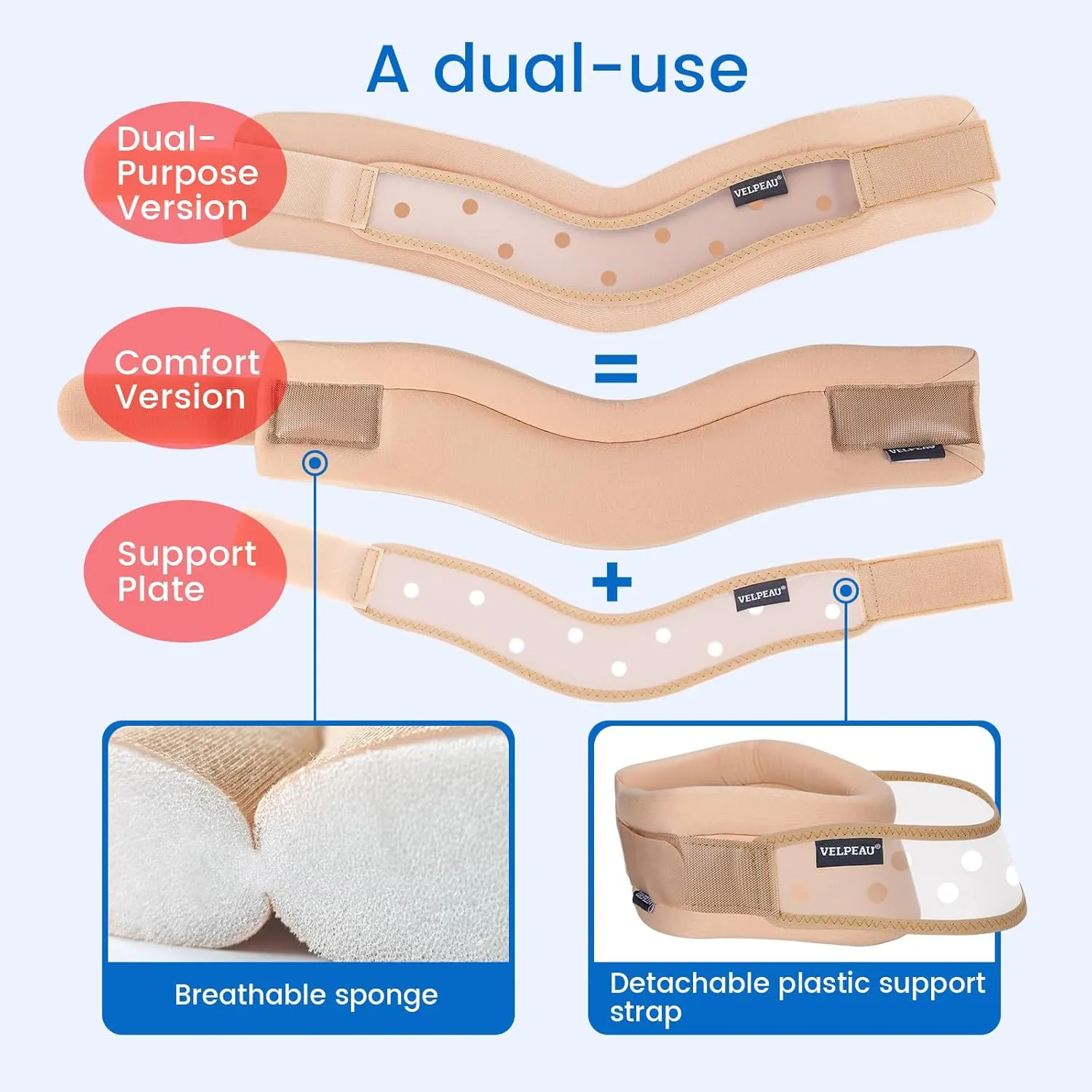 Velpeau Neck Brace for Neck Pain and Support -Soft Cervical Collar for Sleeping, Snoozing, Sleeping Upright, Anti-Snoring, Sleep Apnea for Women & Men (Khaki, Dual-purpose Version, XL: 16.5-18.7"/4")