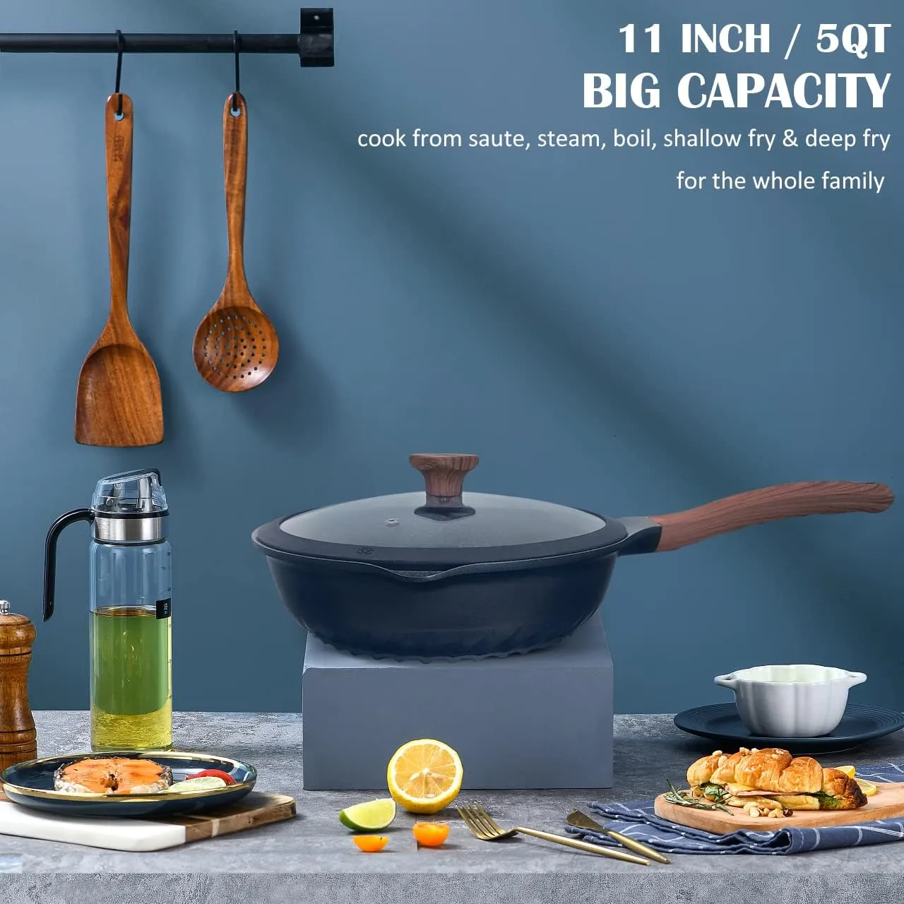 Vinchef Nonstick Deep Frying Pan Skillet with Lid, 11in/5Qt Saute Pan, German 3C  Ceramic Coating Technology, Heat Indicator, Induction Compatible