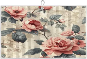Vintage Vertical Striped Rose Golf Towel with Heavy Duty Carabiner Ultra Absorbent Quick Dry Perfect for Cleaning Clubs Balls Gear Essential Golf Accessory for Men Women Kids