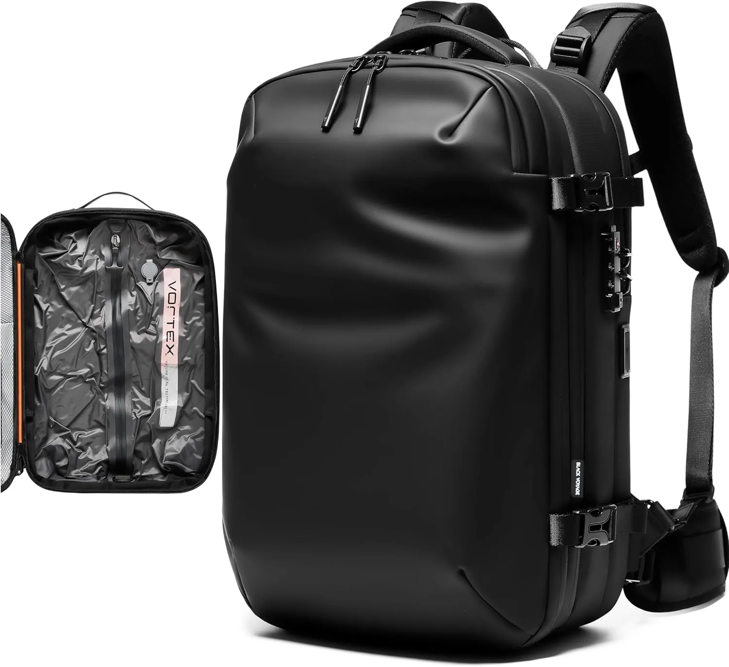 Vortex Vacuum Seal Travel Backpack 60L Exapandable Air Compression System Water Resistant TSA Lock Carry-On Suitcase Luggage Black Zephyr - No Vacuum Pump
