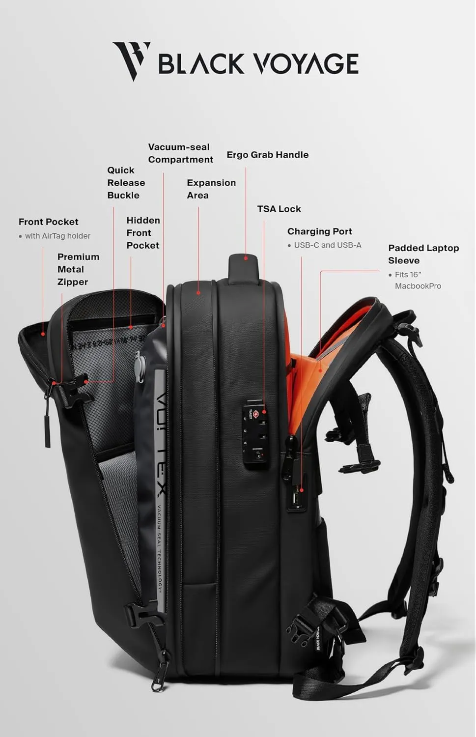 Vortex Vacuum Seal Travel Backpack 60L Exapandable Air Compression System Water Resistant TSA Lock Carry-On Suitcase Luggage Black Zephyr - No Vacuum Pump