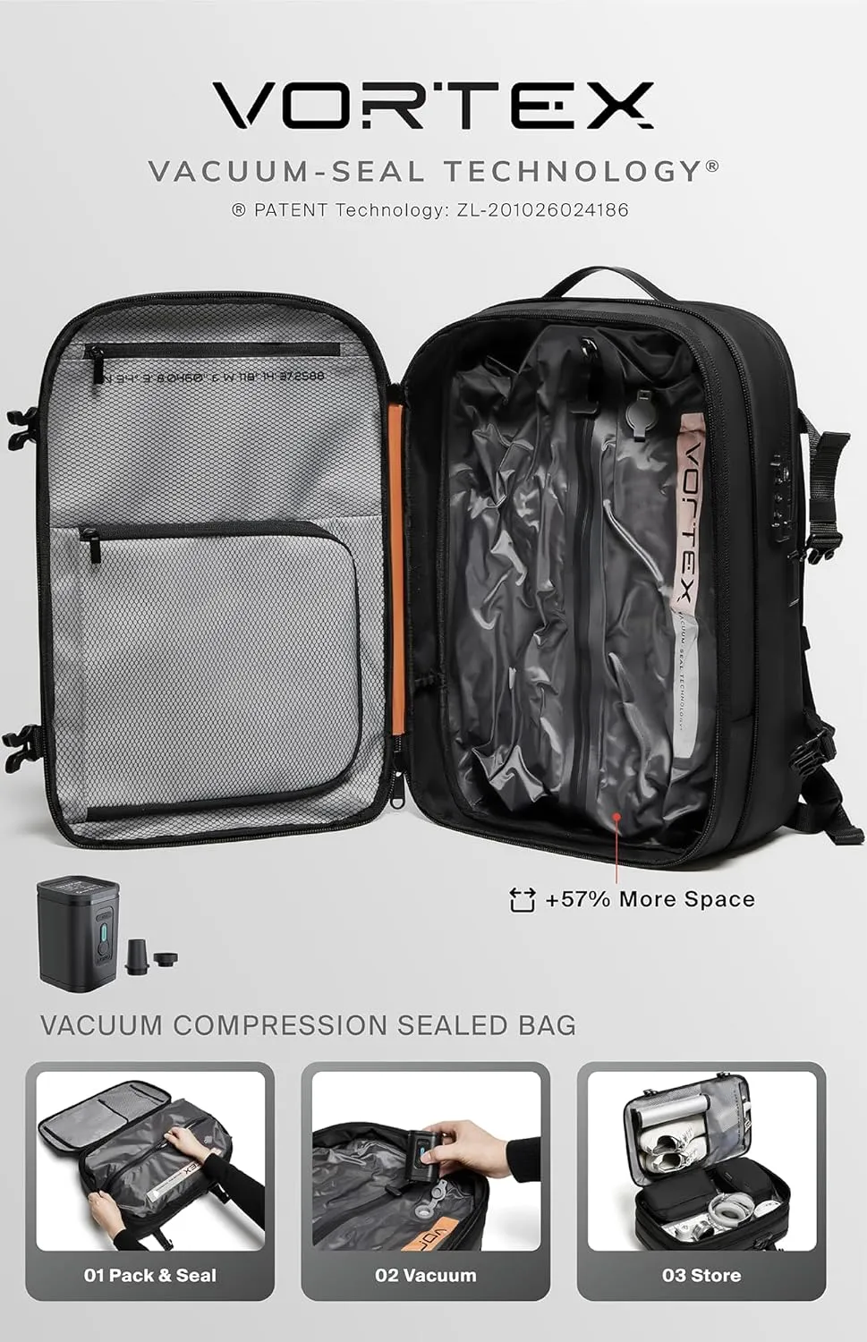 Vortex Vacuum Seal Travel Backpack 60L Exapandable Air Compression System Water Resistant TSA Lock Carry-On Suitcase Luggage Black Zephyr - No Vacuum Pump