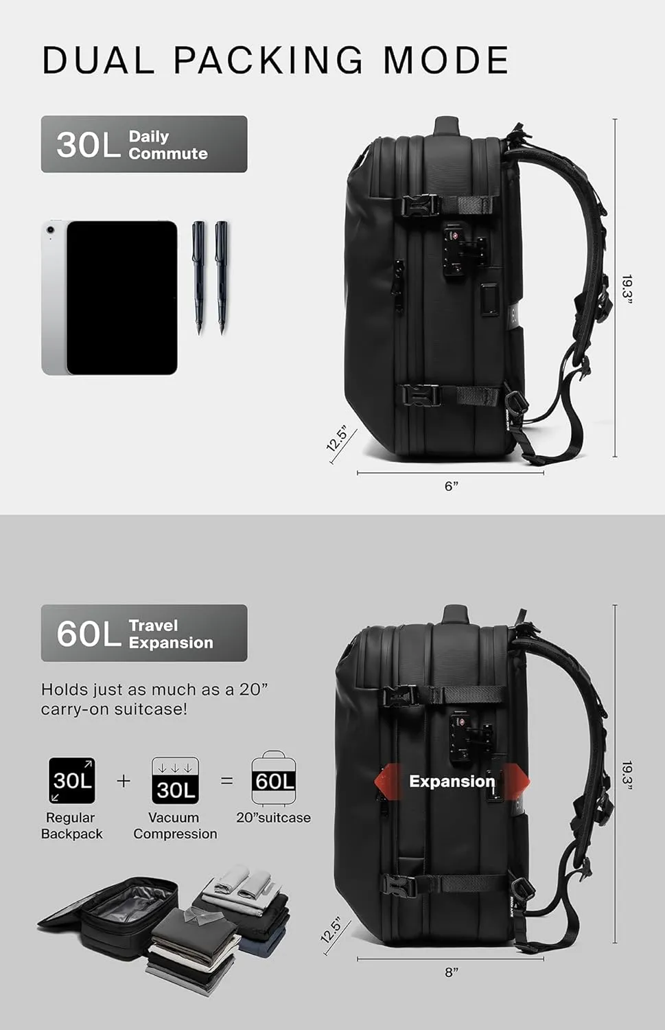 Vortex Vacuum Seal Travel Backpack 60L Exapandable Air Compression System Water Resistant TSA Lock Carry-On Suitcase Luggage Black Zephyr - No Vacuum Pump