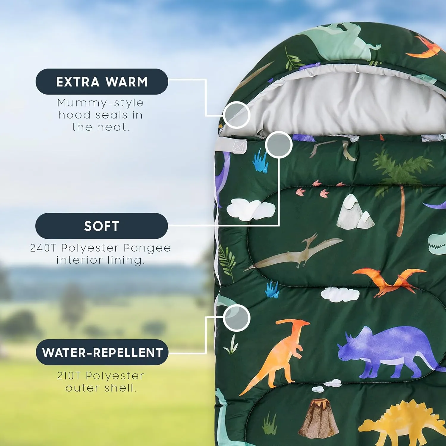 Wake In Cloud - Kids Sleeping Bag for Boys Toddlers, Camping in Warm Cold Weather, Backpacking Lightweight Compact Outdoor Liner for 3 Seasons Summer Spring Fall
