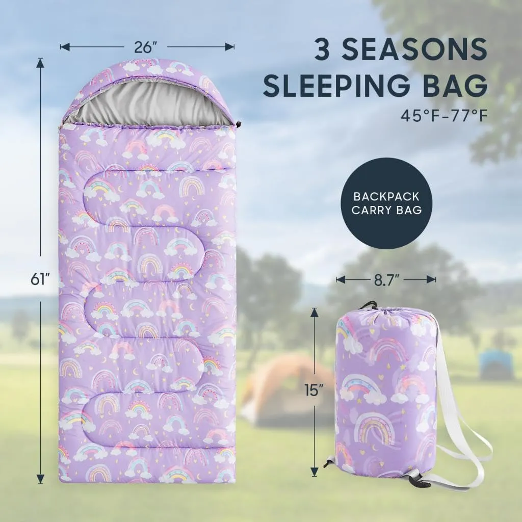 Wake In Cloud - Kids Sleeping Bag for Girls Toddlers, Camping in Warm Cold Weather, Backpacking Lightweight Compact Outdoor Liner for 3 Seasons Summer Spring Fall