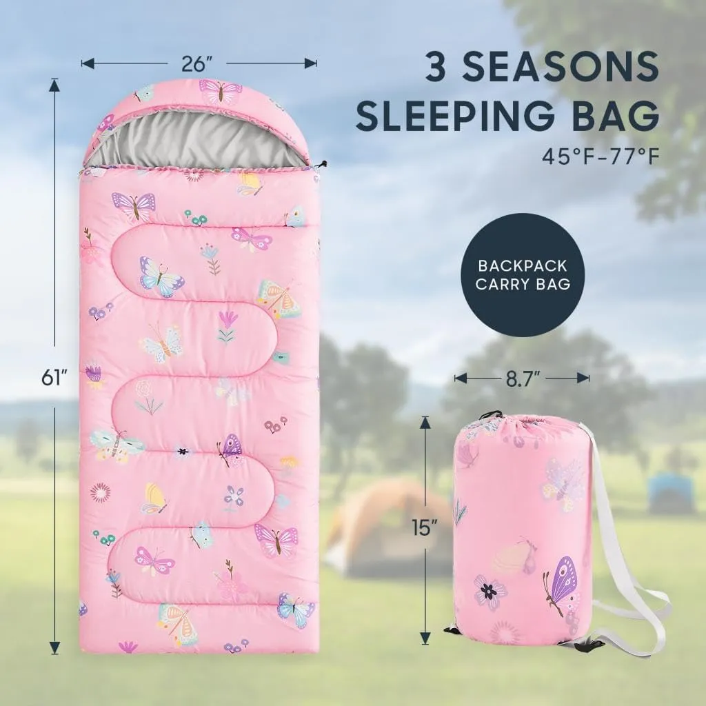 Wake In Cloud - Kids Sleeping Bag for Girls Toddlers, Camping in Warm Cold Weather, Backpacking Lightweight Compact Outdoor Liner for 3 Seasons Summer Spring Fall