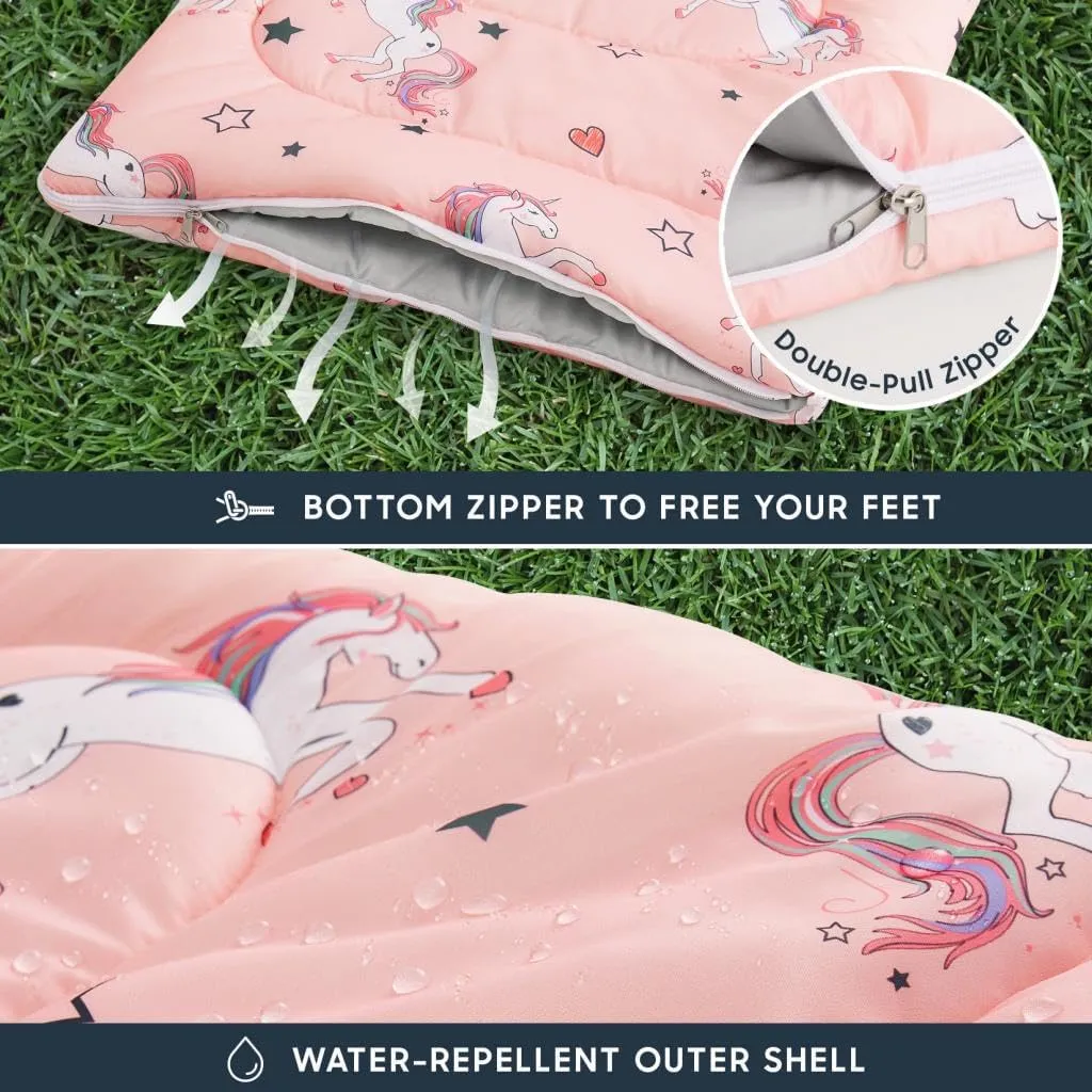 Wake In Cloud - Kids Sleeping Bag for Girls Toddlers, Camping in Warm Cold Weather, Backpacking Lightweight Compact Outdoor Liner for 3 Seasons Summer Spring Fall