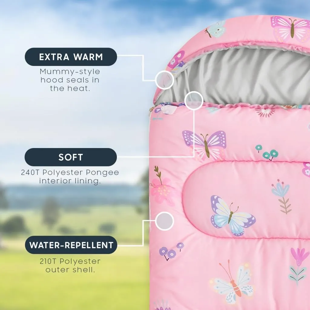 Wake In Cloud - Kids Sleeping Bag for Girls Toddlers, Camping in Warm Cold Weather, Backpacking Lightweight Compact Outdoor Liner for 3 Seasons Summer Spring Fall