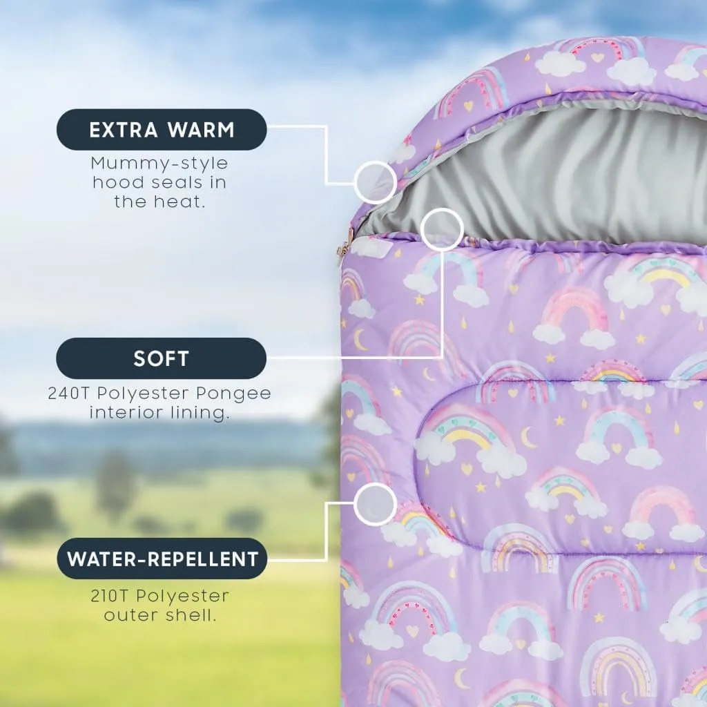 Wake In Cloud - Kids Sleeping Bag for Girls Toddlers, Camping in Warm Cold Weather, Backpacking Lightweight Compact Outdoor Liner for 3 Seasons Summer Spring Fall