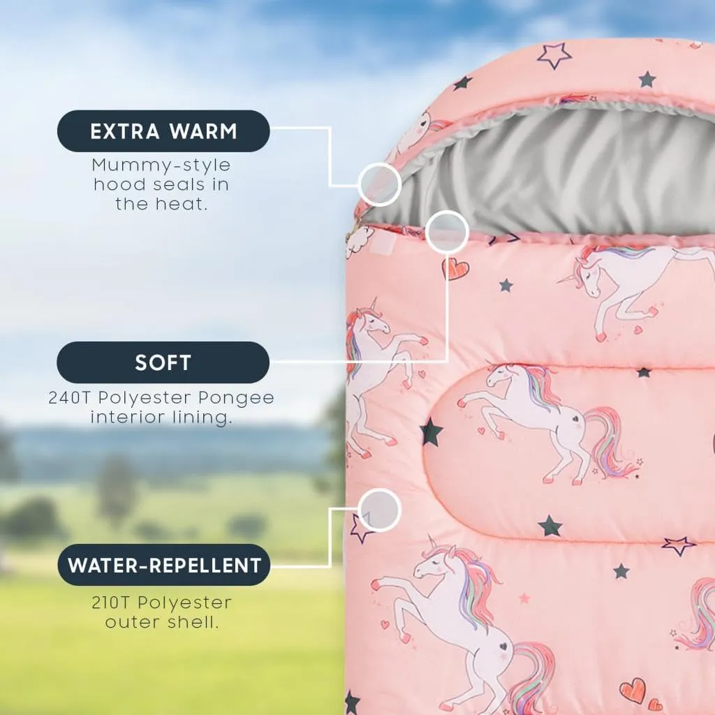 Wake In Cloud - Kids Sleeping Bag for Girls Toddlers, Camping in Warm Cold Weather, Backpacking Lightweight Compact Outdoor Liner for 3 Seasons Summer Spring Fall