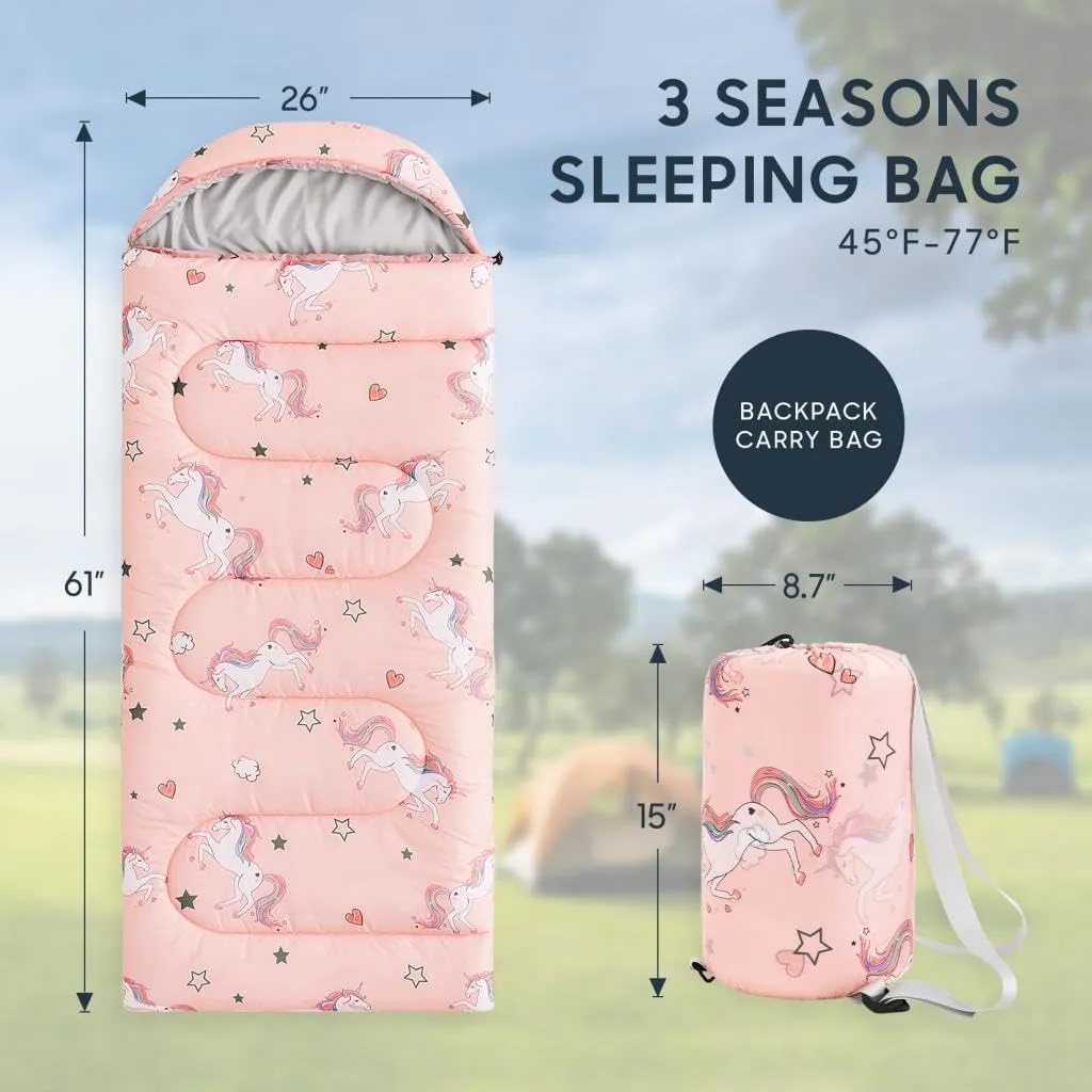 Wake In Cloud - Kids Sleeping Bag for Girls Toddlers, Camping in Warm Cold Weather, Backpacking Lightweight Compact Outdoor Liner for 3 Seasons Summer Spring Fall