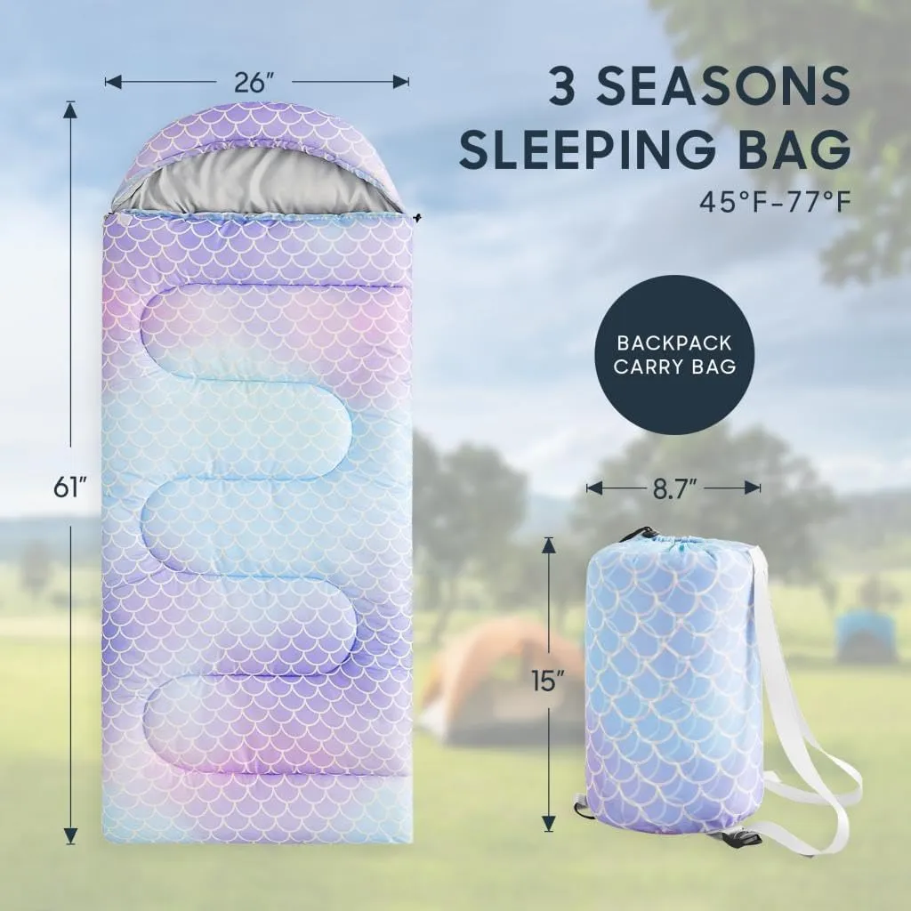 Wake In Cloud - Kids Sleeping Bag for Girls Toddlers, Camping in Warm Cold Weather, Backpacking Lightweight Compact Outdoor Liner for 3 Seasons Summer Spring Fall