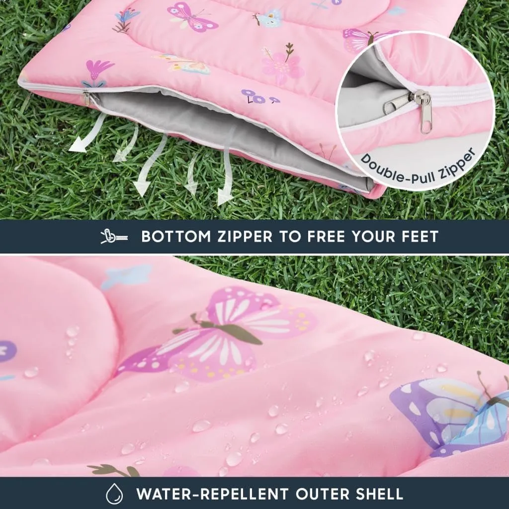 Wake In Cloud - Kids Sleeping Bag for Girls Toddlers, Camping in Warm Cold Weather, Backpacking Lightweight Compact Outdoor Liner for 3 Seasons Summer Spring Fall