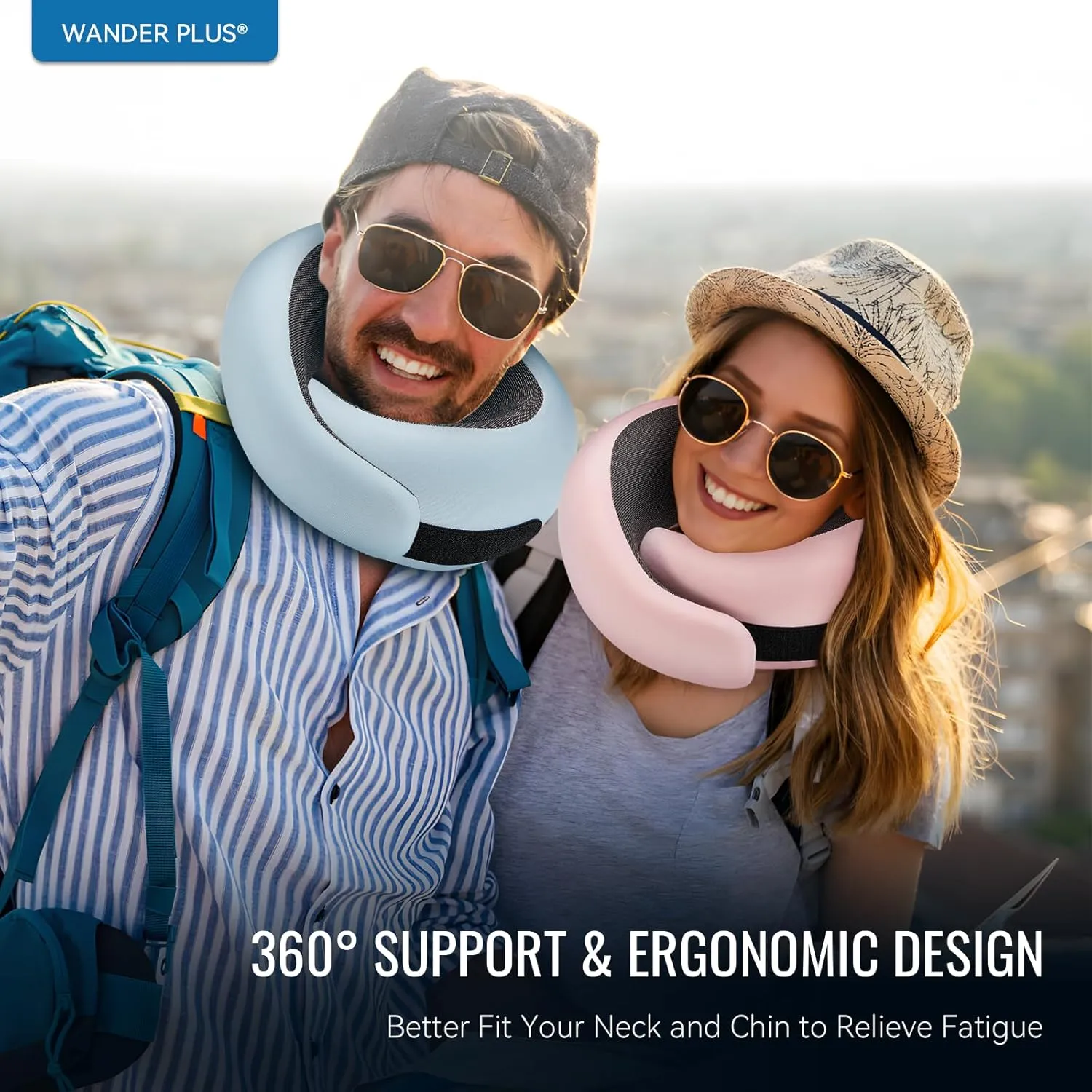 WANDER PLUS® Travel Neck Pillow Airplane Best for Sleeping Plane Car Train Office Flight for Adults Neck Support Ergonomic Design Memory Foam Packable Stuffable Inflatable Max Sky Blue