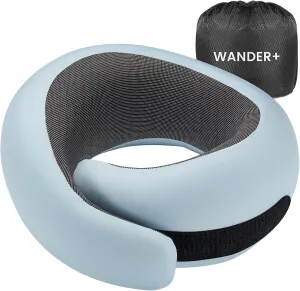 WANDER PLUS® Travel Neck Pillow Airplane Best for Sleeping Plane Car Train Office Flight for Adults Neck Support Ergonomic Design Memory Foam Packable Stuffable Inflatable Max Sky Blue