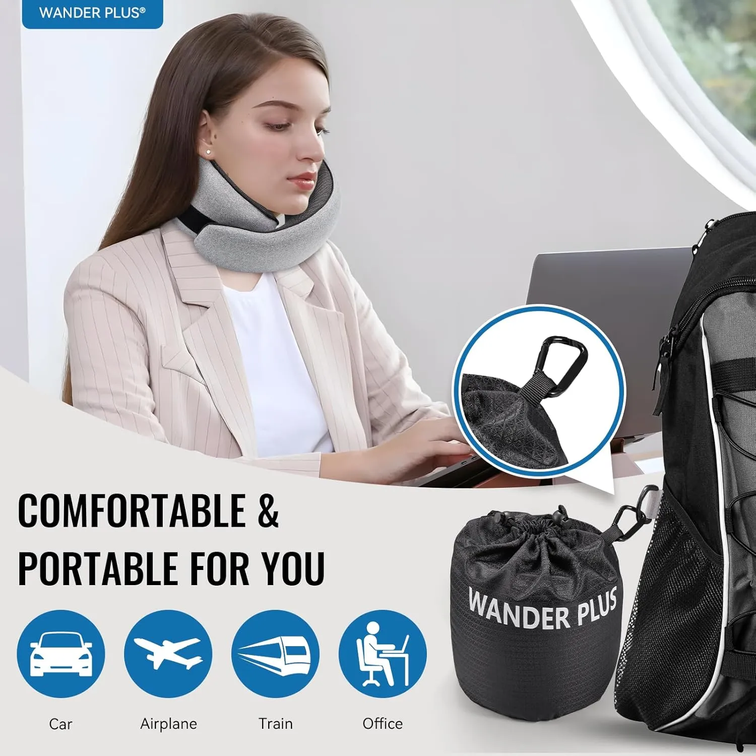 WANDER PLUS® Travel Neck Pillow Airplane Best for Sleeping Plane Car Train Office Flight for Adults Neck Support Ergonomic Design Memory Foam Packable Stuffable Inflatable Max Sky Blue